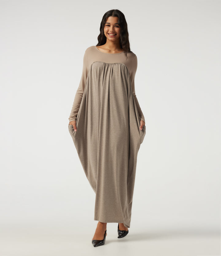 Round Neck Long Sleeve Contrast Mesh Cut-Out Back Casual Maxi Dress with Pockets — Khaki Floral Yarn — view 1