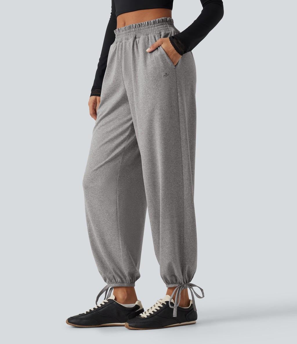 Mid Rise Shirred Lace Up Casual Sweatpants with Pockets — Fog Gray — view 3