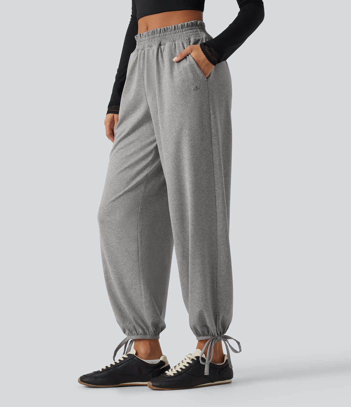 Mid Rise Shirred Lace Up Casual Sweatpants with Pockets — Fog Gray — view 3