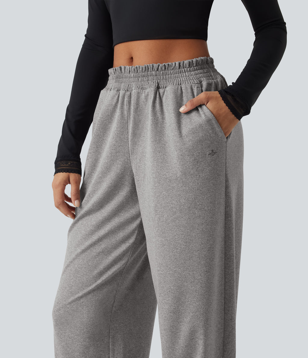 Mid Rise Shirred Lace Up Casual Sweatpants with Pockets — Fog Gray — view 4