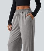 Mid Rise Shirred Lace Up Casual Sweatpants with Pockets — Fog Gray — view 4