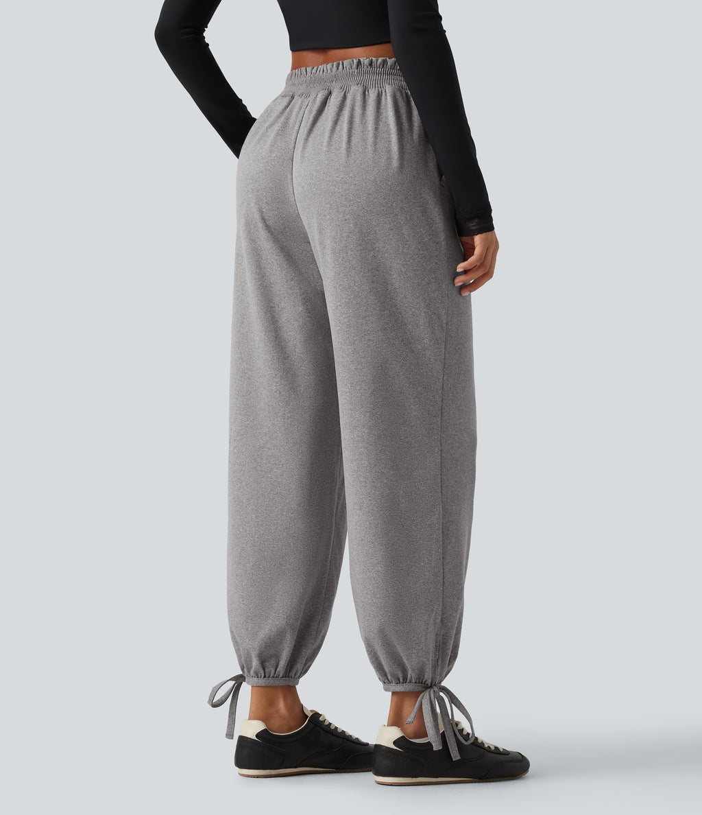Mid Rise Shirred Lace Up Casual Sweatpants with Pockets — Fog Gray — view 2