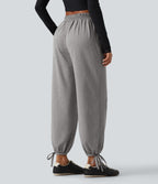 Mid Rise Shirred Lace Up Casual Sweatpants with Pockets — Fog Gray — view 2