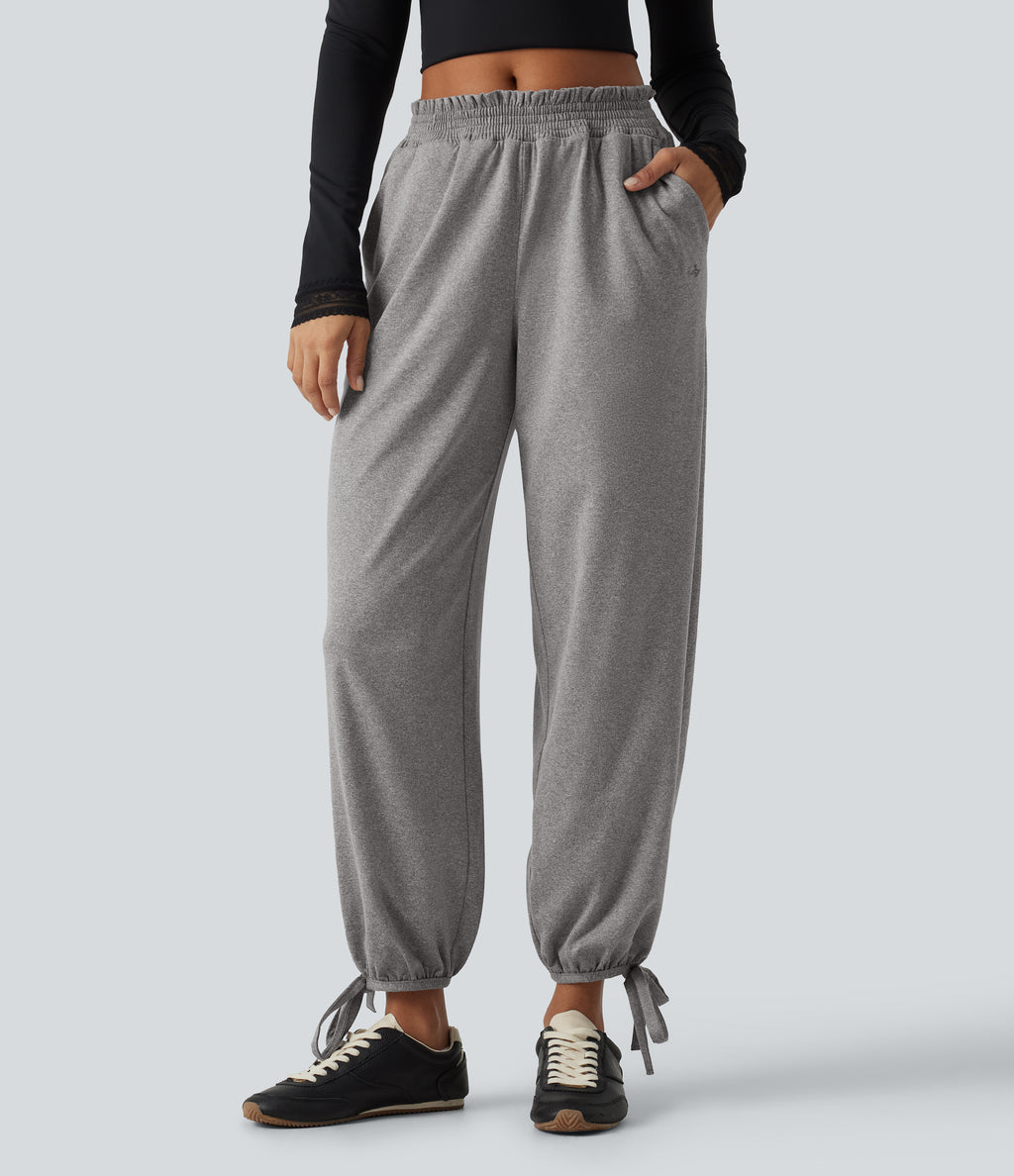 Mid Rise Shirred Lace Up Casual Sweatpants with Pockets — Fog Gray — view 1