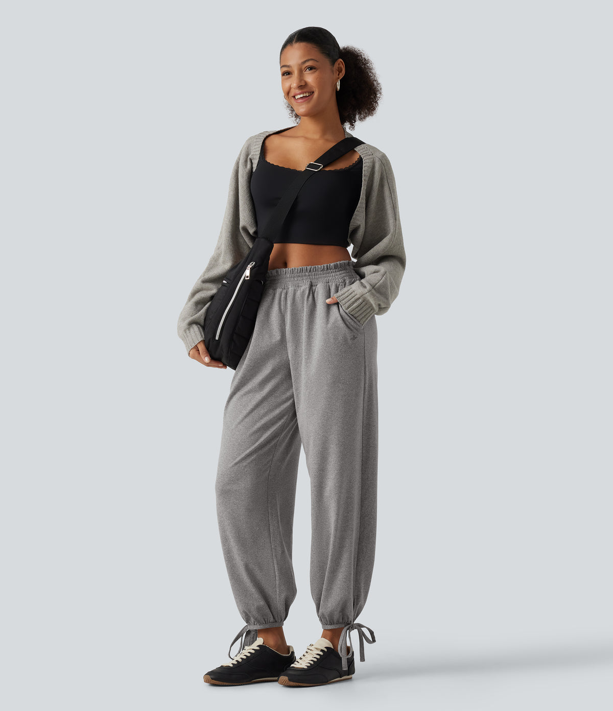 Mid Rise Shirred Lace Up Casual Sweatpants with Pockets — Fog Gray — view 7
