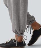 Mid Rise Shirred Lace Up Casual Sweatpants with Pockets — Fog Gray — view 5