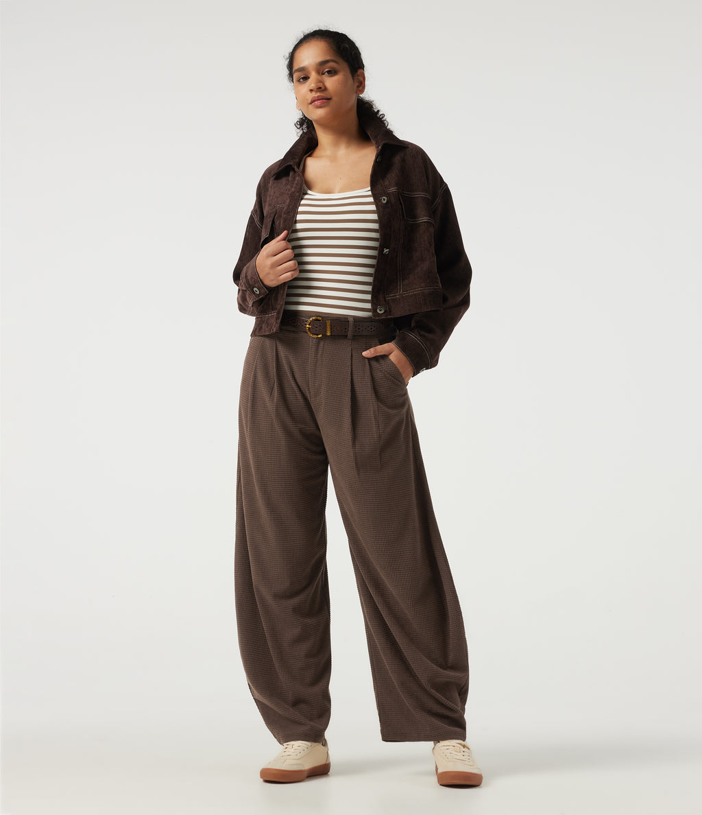 High Waisted Barrel Leg Corduroy Casual Trousers with Pockets — Chestnut — view 6