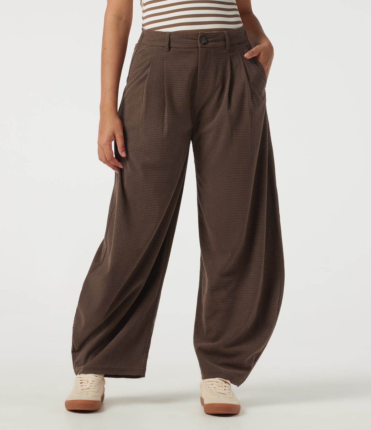 High Waisted Barrel Leg Corduroy Casual Trousers with Pockets — Chestnut — view 1