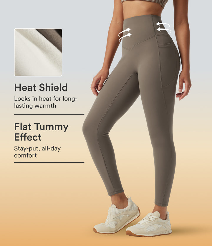 High Waisted Tummy Control Skinny Fleece Training Leggings with Pockets — Dawn Brown — view 1