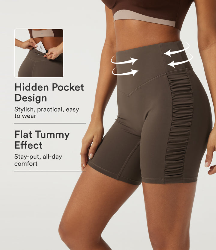 Plush High Waisted Tummy Control Ruched Skinny Cycling Biker Shorts 7" with Pocket — Chocolate Martini — view 1