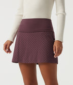 High Waisted 2-in-1 Ruched A-Line Polka Dot Velvet Casual Mini Skirt — Syrah Red Dot — view 4