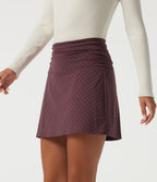 High Waisted 2-in-1 Ruched A-Line Polka Dot Velvet Casual Mini Skirt — Syrah Red Dot — view 3