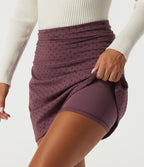 High Waisted 2-in-1 Ruched A-Line Polka Dot Velvet Casual Mini Skirt — Syrah Red Dot — view 5