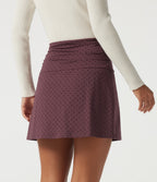 High Waisted 2-in-1 Ruched A-Line Polka Dot Velvet Casual Mini Skirt — Syrah Red Dot — view 2