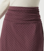 High Waisted 2-in-1 Ruched A-Line Polka Dot Velvet Casual Mini Skirt — Syrah Red Dot — view 6