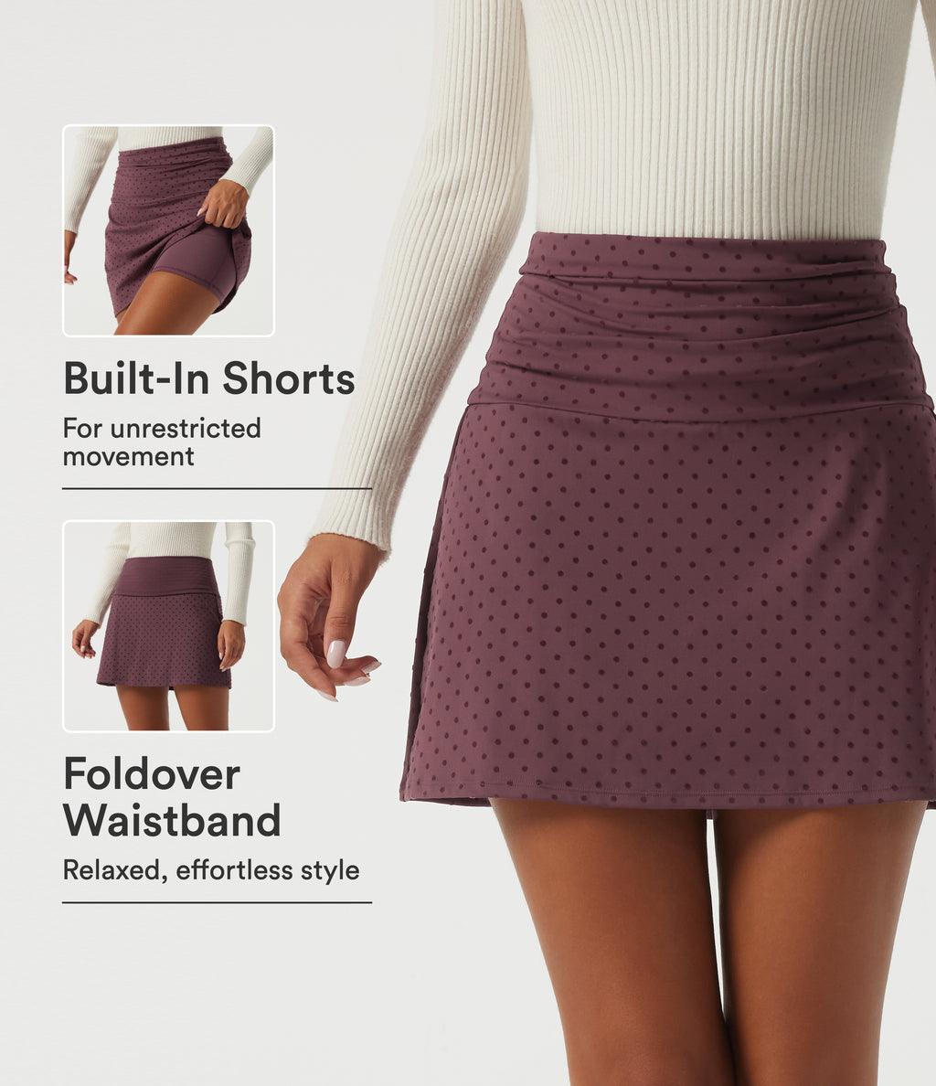 High Waisted 2-in-1 Ruched A-Line Polka Dot Velvet Casual Mini Skirt — Syrah Red Dot — view 1