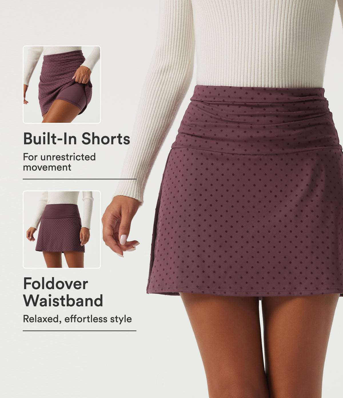 High Waisted 2-in-1 Ruched A-Line Polka Dot Velvet Casual Mini Skirt — Syrah Red Dot — view 1
