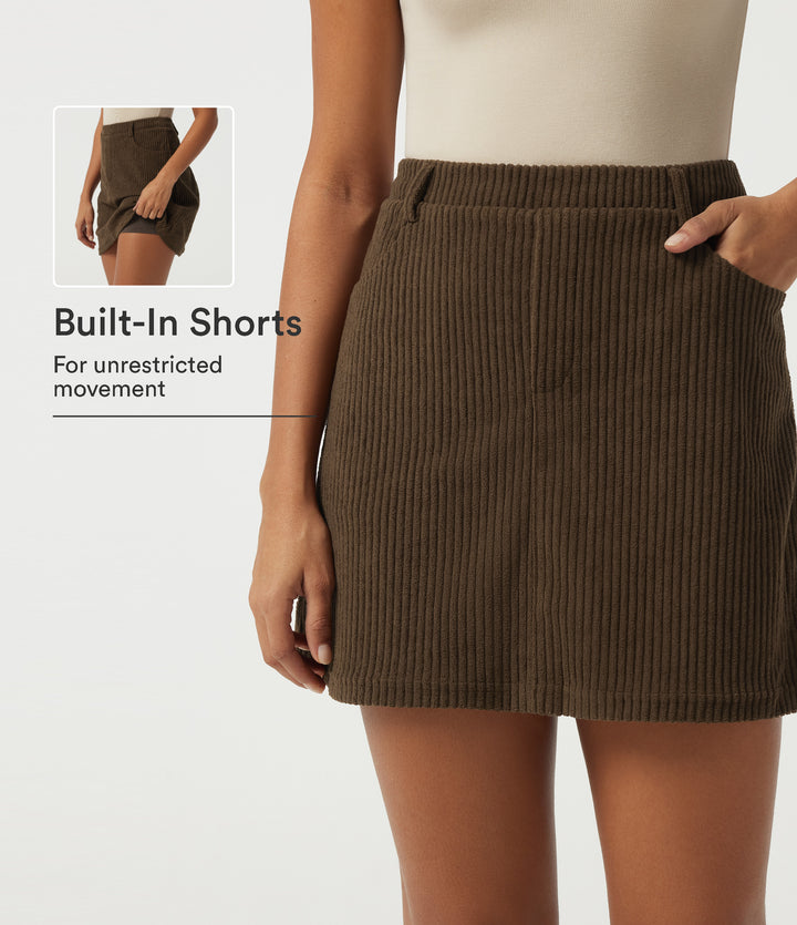 High Waisted 2-in-1 A Line Mini Corduroy Casual Skirt with Pockets — Carafe — view 1