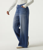 High Waisted Asymmetric Wide Leg Casual Jeans with Pockets — Tide Blue Denim — view 3