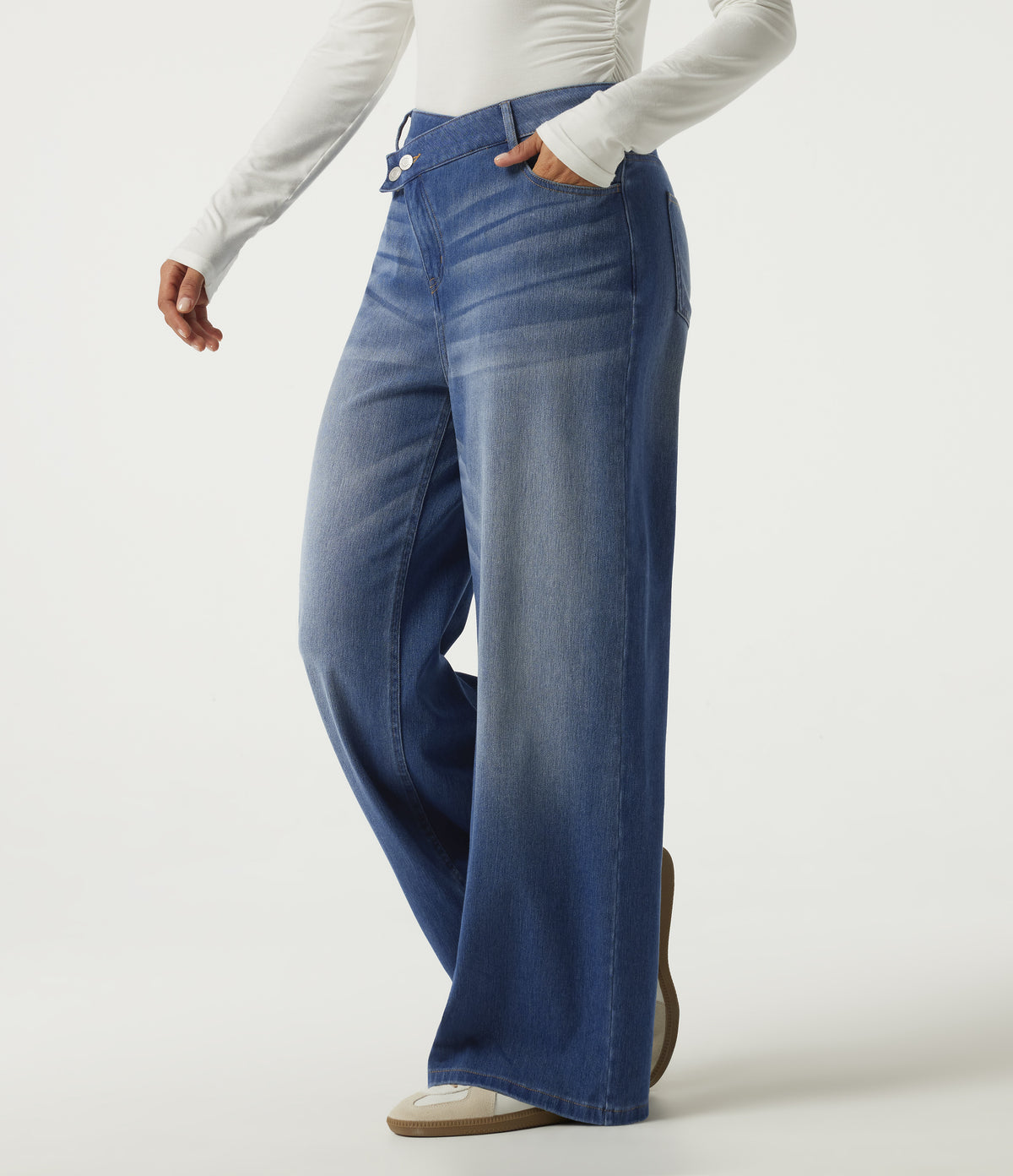 High Waisted Asymmetric Wide Leg Casual Jeans with Pockets — Tide Blue Denim — view 3