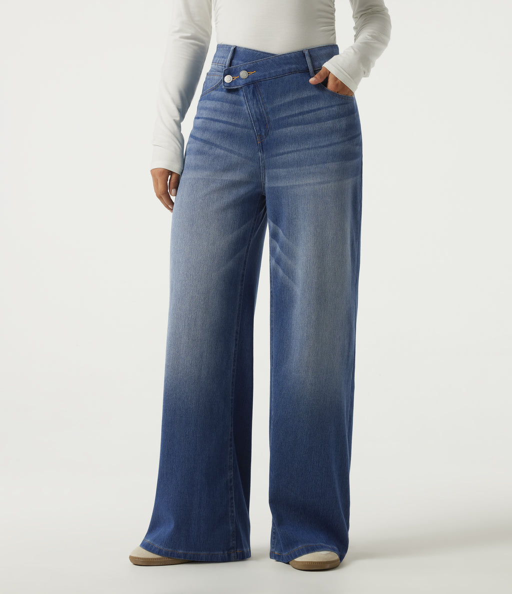 High Waisted Asymmetric Wide Leg Casual Jeans with Pockets — Tide Blue Denim — view 1