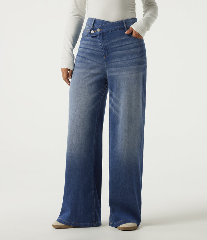 High Waisted Asymmetric Wide Leg Casual Jeans with Pockets — Tide Blue Denim — view 1