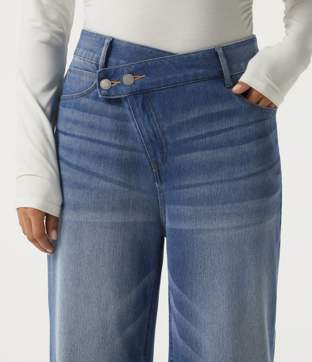 High Waisted Asymmetric Wide Leg Casual Jeans with Pockets — Tide Blue Denim — view 4