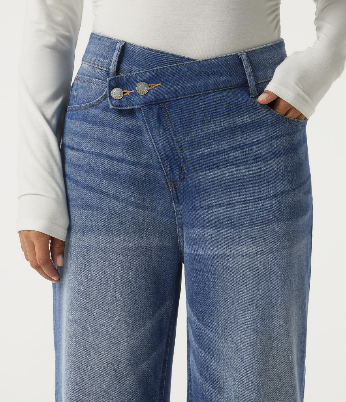 High Waisted Asymmetric Wide Leg Casual Jeans with Pockets — Tide Blue Denim — view 4
