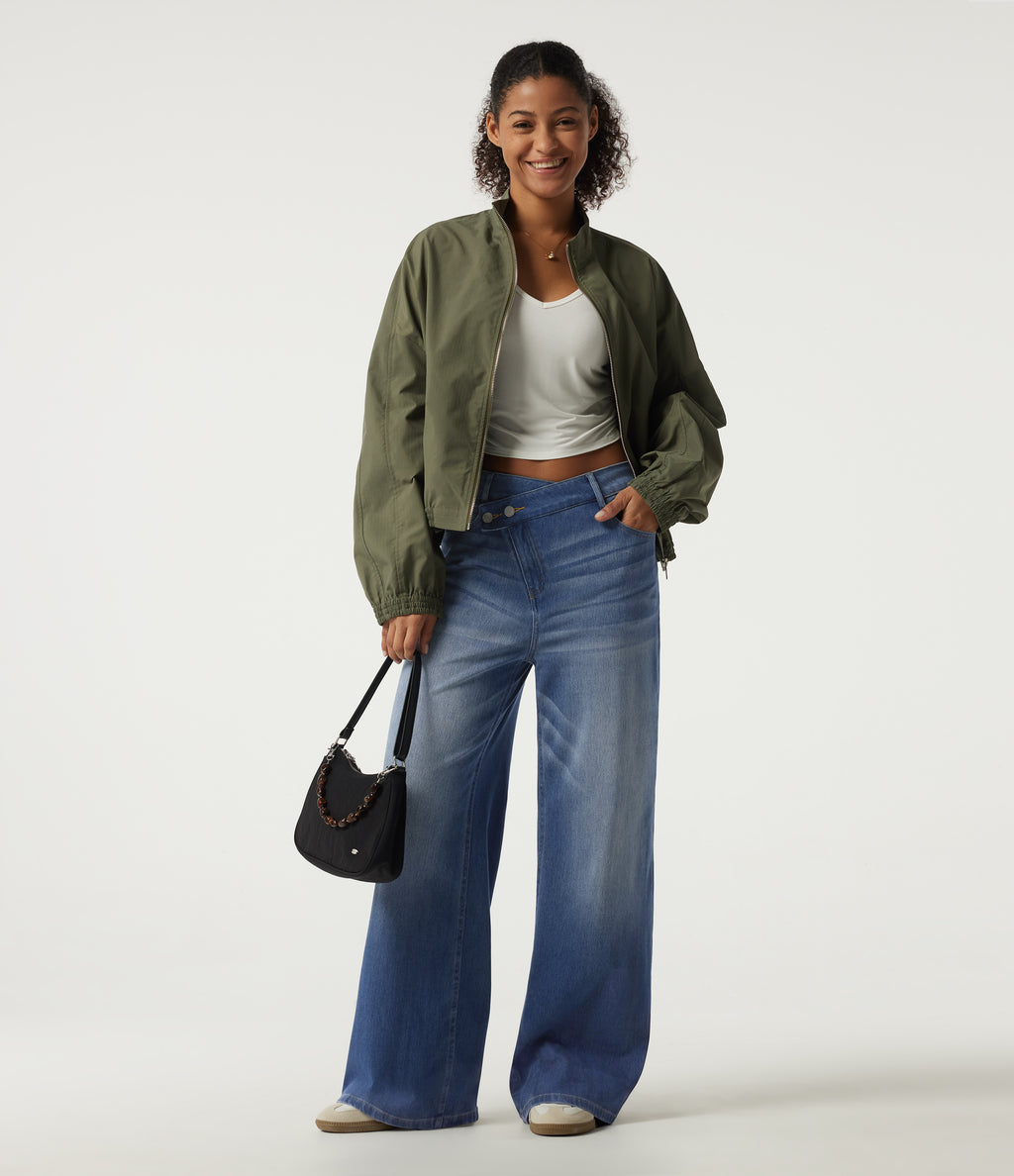 High Waisted Asymmetric Wide Leg Casual Jeans with Pockets — Tide Blue Denim — view 7