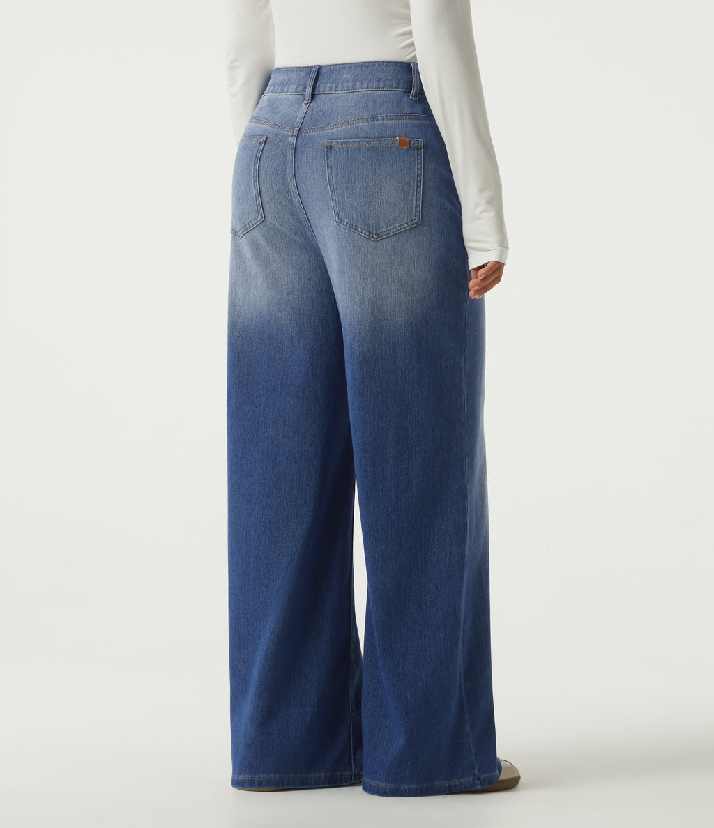 High Waisted Asymmetric Wide Leg Casual Jeans with Pockets — Tide Blue Denim — view 2
