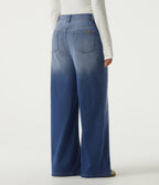 High Waisted Asymmetric Wide Leg Casual Jeans with Pockets — Tide Blue Denim — view 2