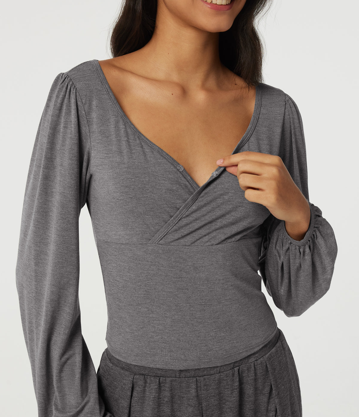 V Neck Long Sleeve Casual T-Shirt — Light Mottled Grey — view 5