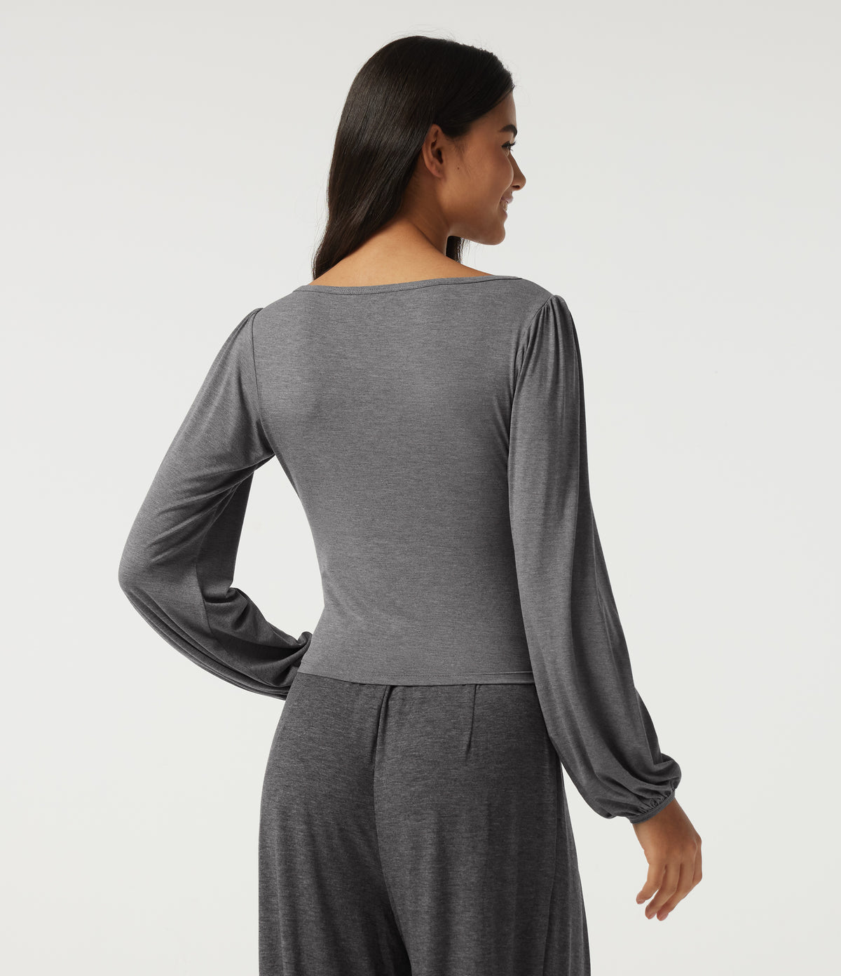 V Neck Long Sleeve Casual T-Shirt — Light Mottled Grey — view 2