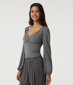 V Neck Long Sleeve Casual T-Shirt — Light Mottled Grey — view 4