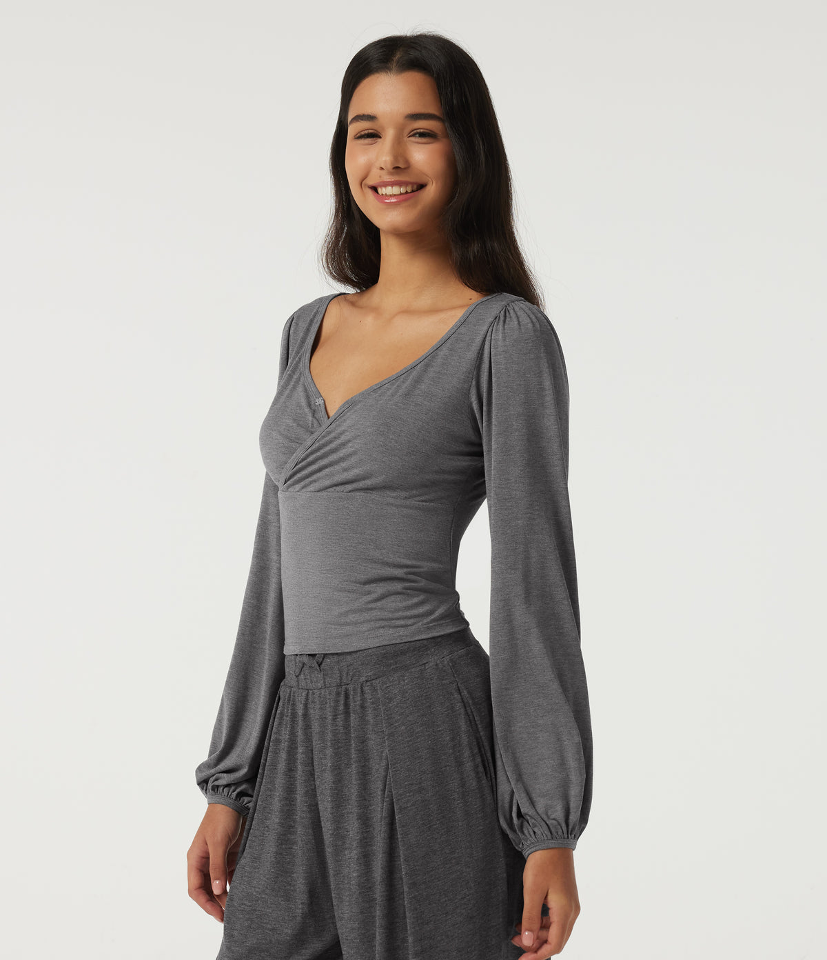 V Neck Long Sleeve Casual T-Shirt — Light Mottled Grey — view 4