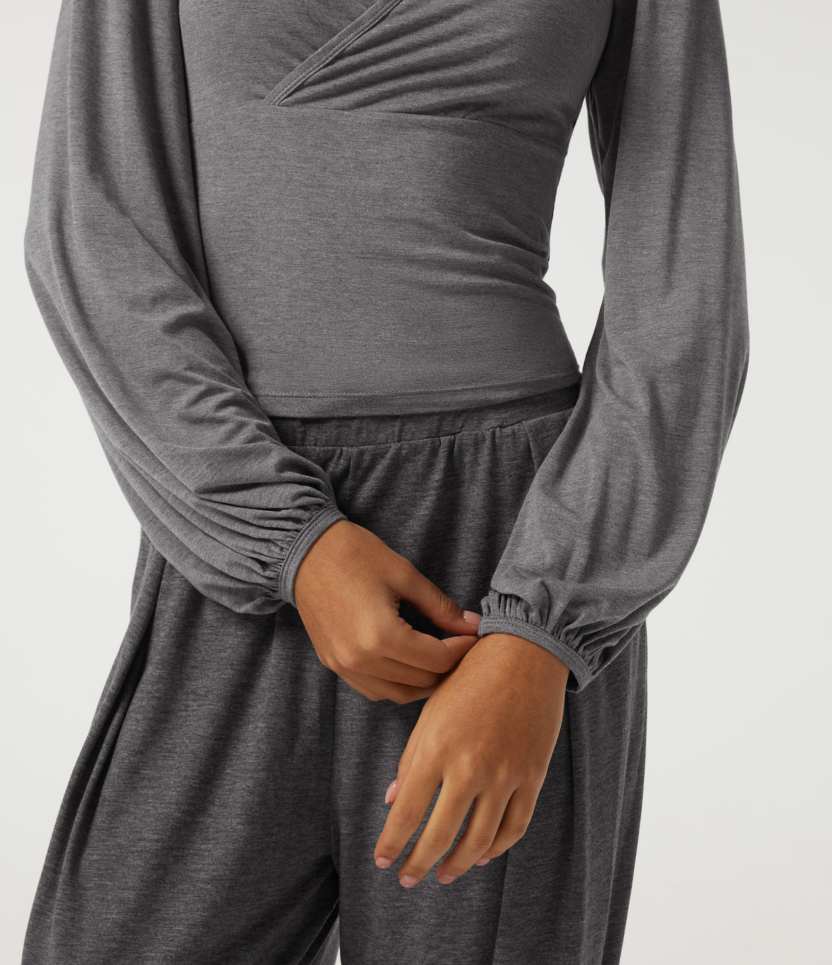 V Neck Long Sleeve Casual T-Shirt — Light Mottled Grey — view 6