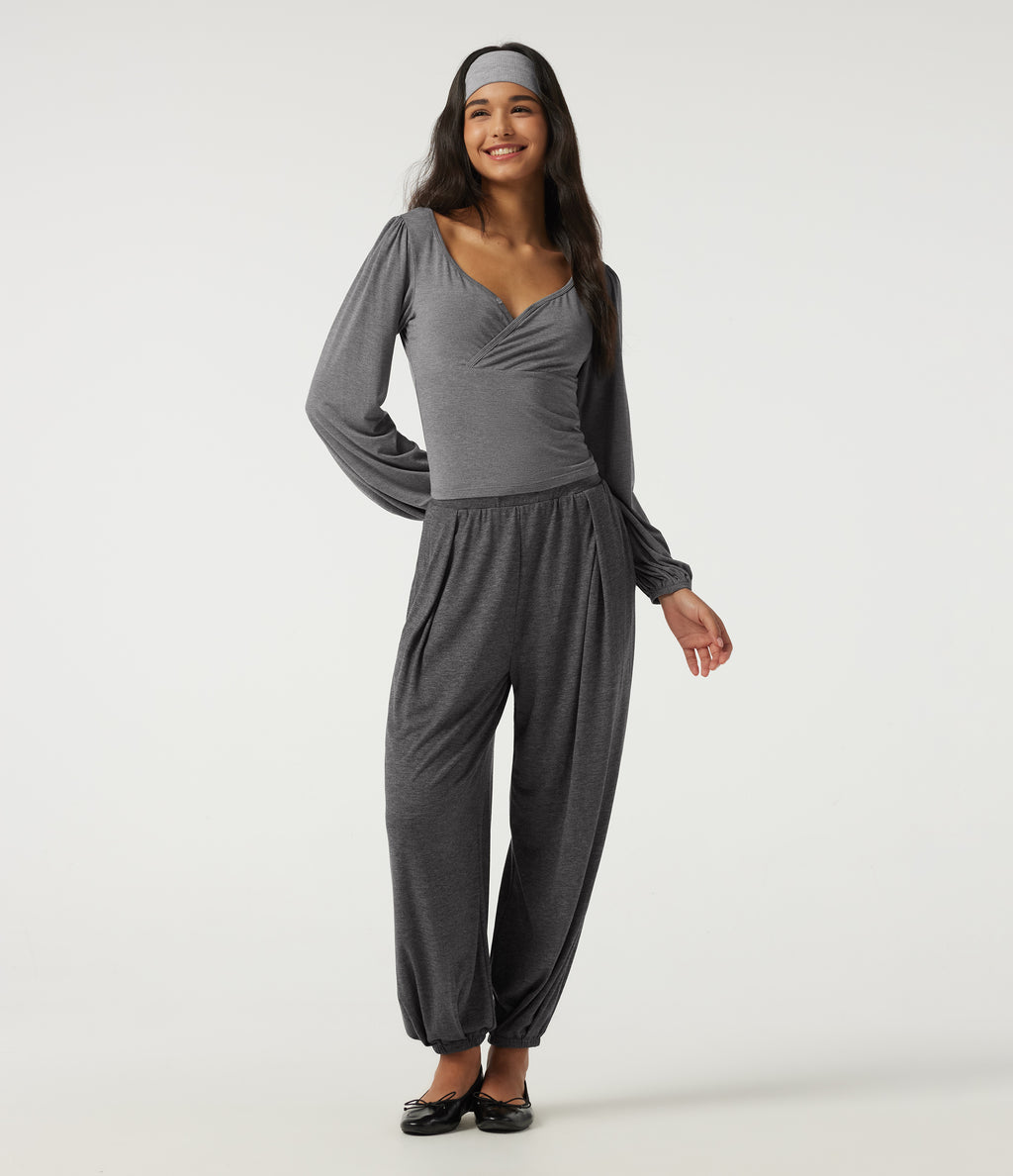 V Neck Long Sleeve Casual T-Shirt — Light Mottled Grey — view 7