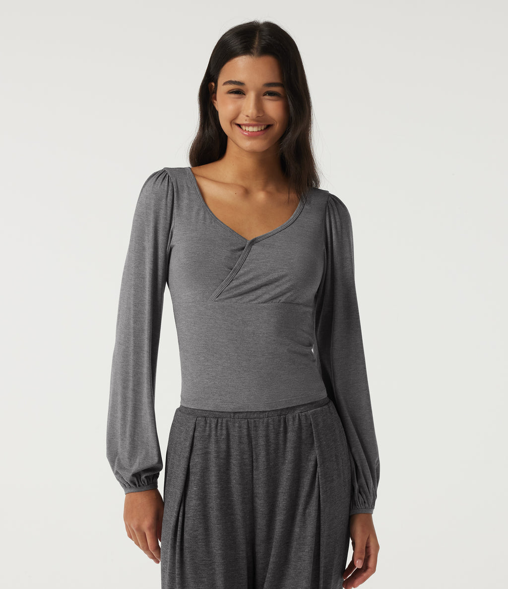 V Neck Long Sleeve Casual T-Shirt — Light Mottled Grey — view 3