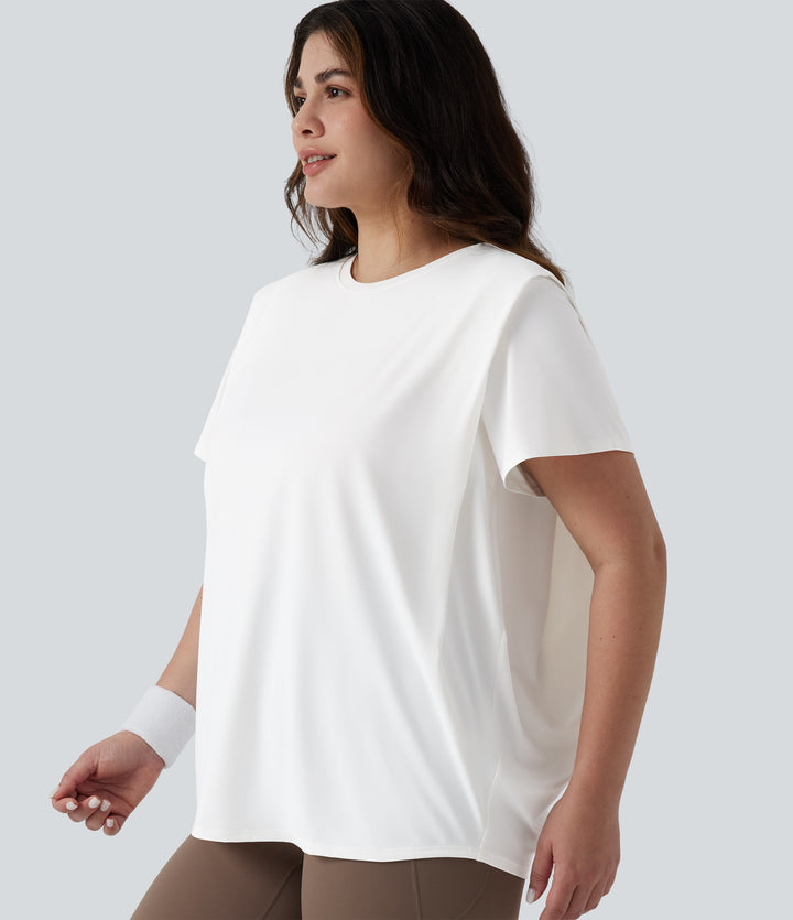 Plus Size Round Neck Short Sleeve Ruched InstantCool Yoga Sports Top-UPF50+ — White — view 1