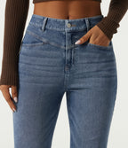 Mid Rise Straight Leg Casual Cotton Jeans with Pockets — Gulf Stream Blue Denim — view 4