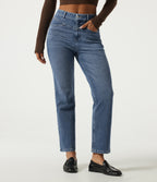 Mid Rise Straight Leg Casual Cotton Jeans with Pockets — Gulf Stream Blue Denim — view 1
