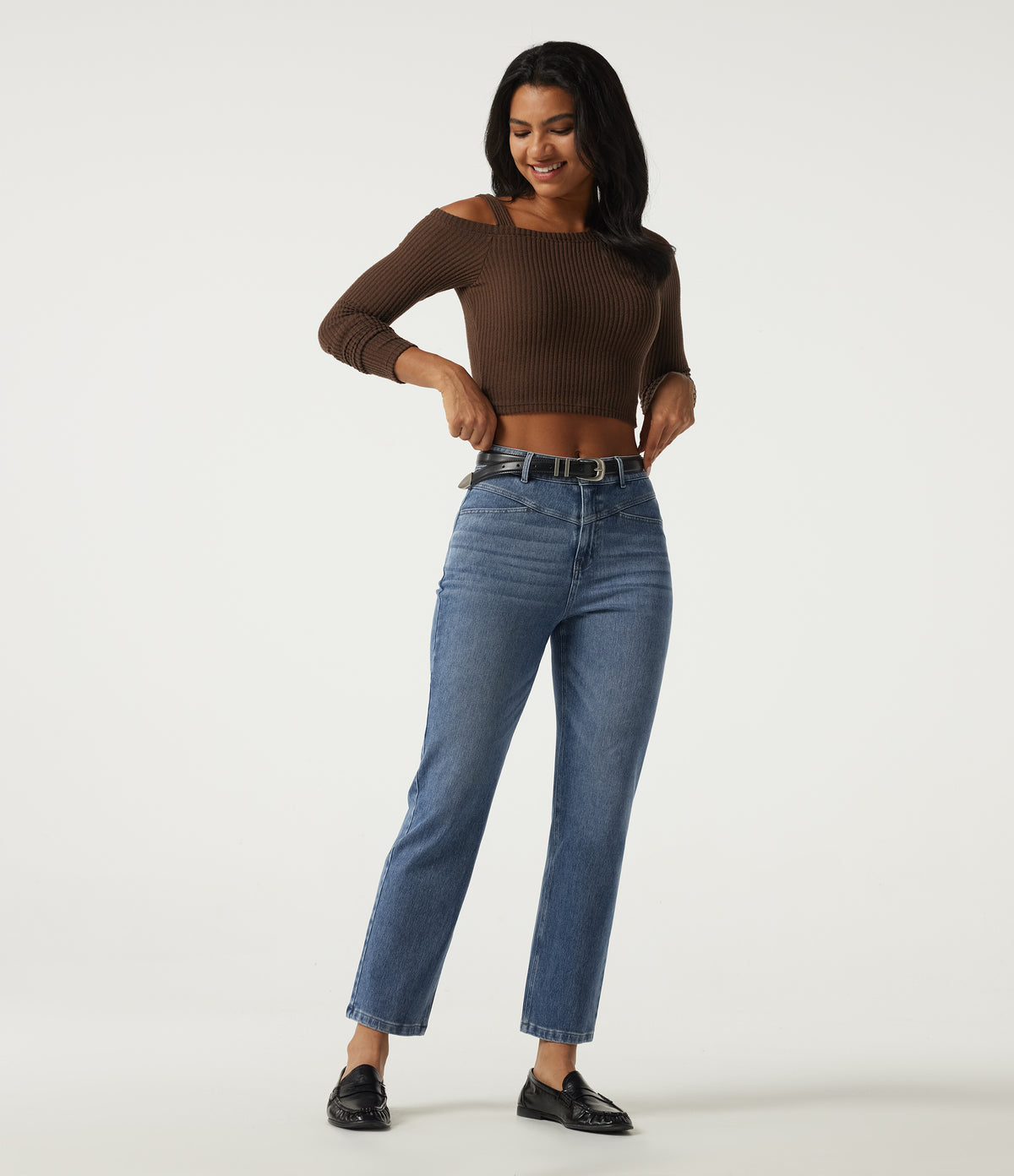Mid Rise Straight Leg Casual Cotton Jeans with Pockets — Gulf Stream Blue Denim — view 7