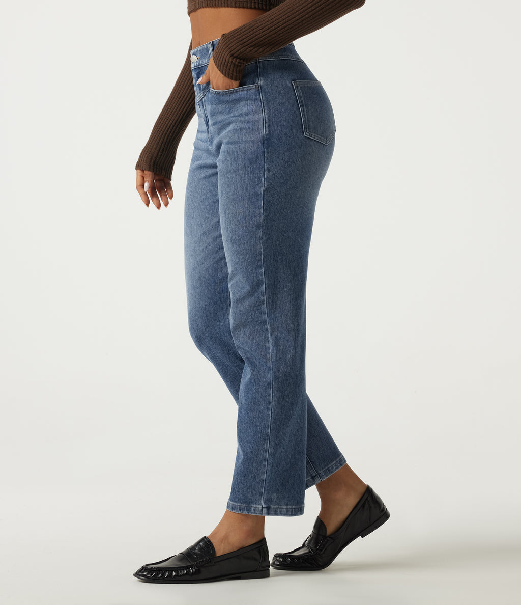 Mid Rise Straight Leg Casual Cotton Jeans with Pockets — Gulf Stream Blue Denim — view 3