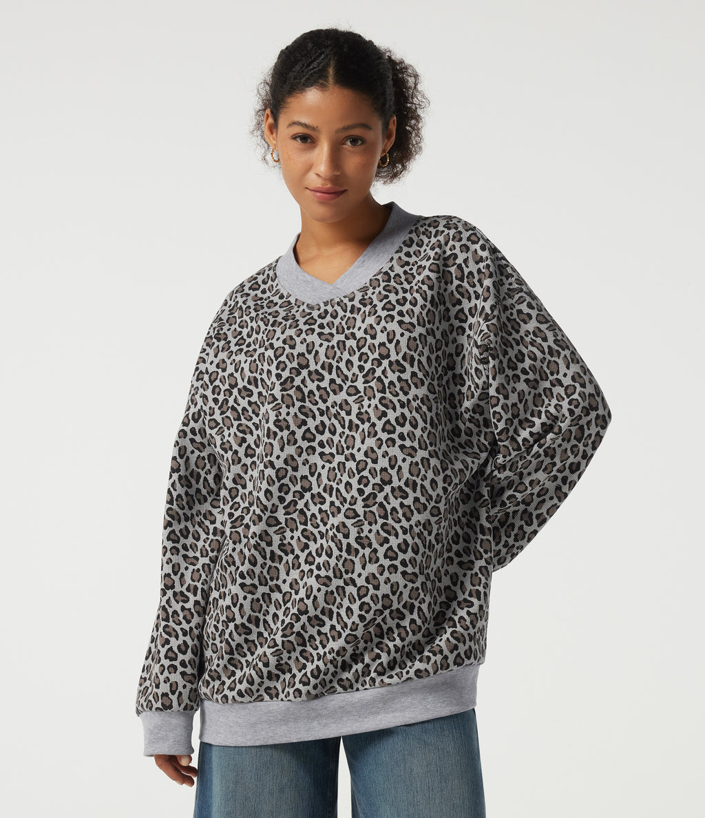 V Neck Long Sleeve Leopard Print Waffle Casual Top — Cocoa Drift Leopard — view 4