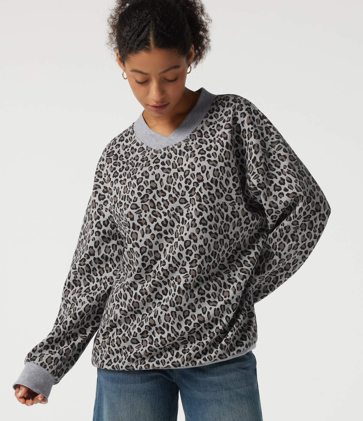 V Neck Long Sleeve Leopard Print Waffle Casual Top — Cocoa Drift Leopard — view 1