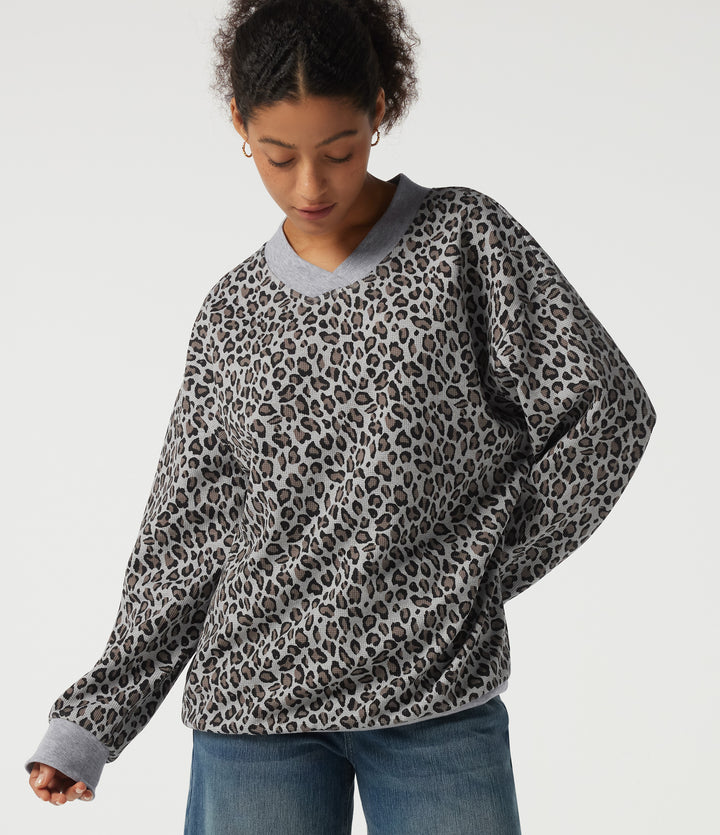 V Neck Long Sleeve Leopard Print Waffle Casual Top — Cocoa Drift Leopard — view 1
