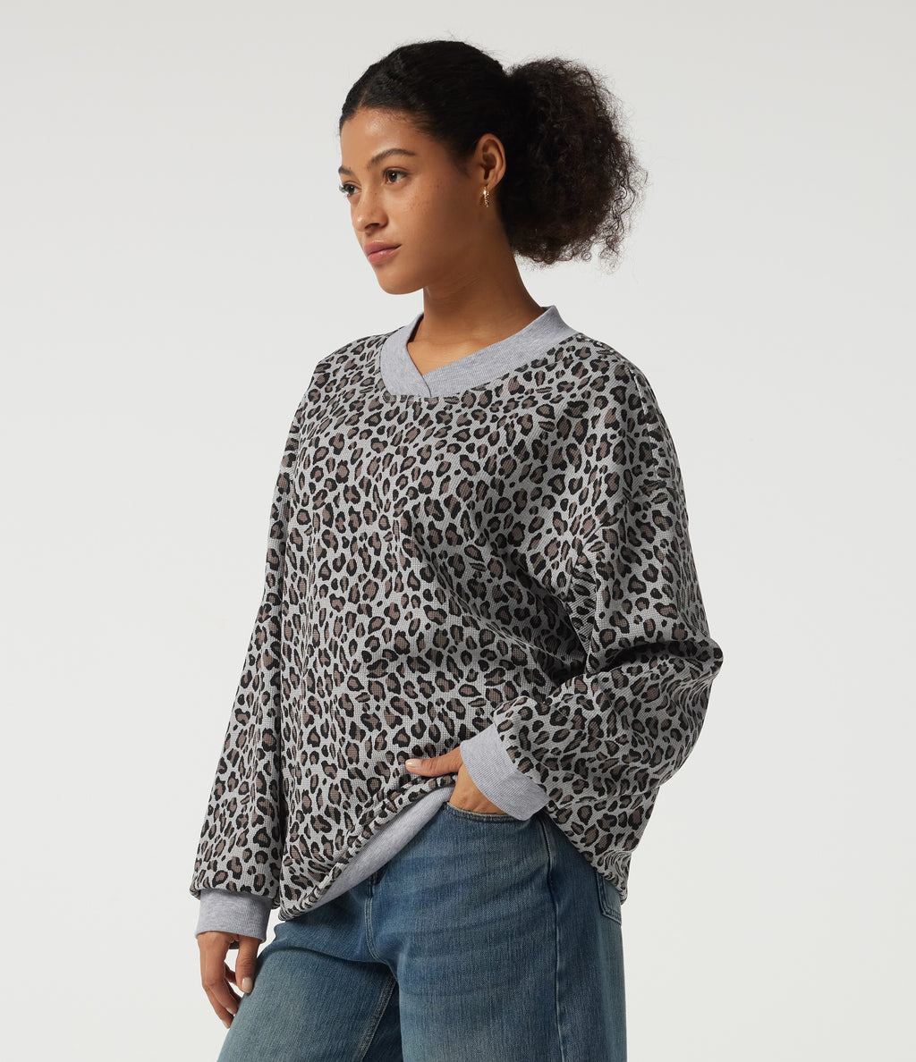 V Neck Long Sleeve Leopard Print Waffle Casual Top — Cocoa Drift Leopard — view 3