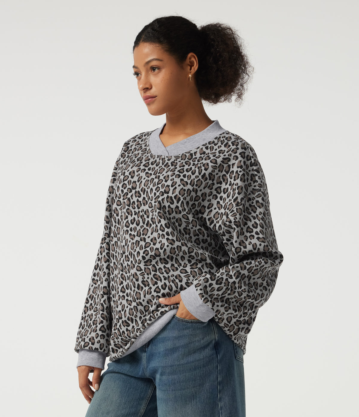 V Neck Long Sleeve Leopard Print Waffle Casual Top — Cocoa Drift Leopard — view 3