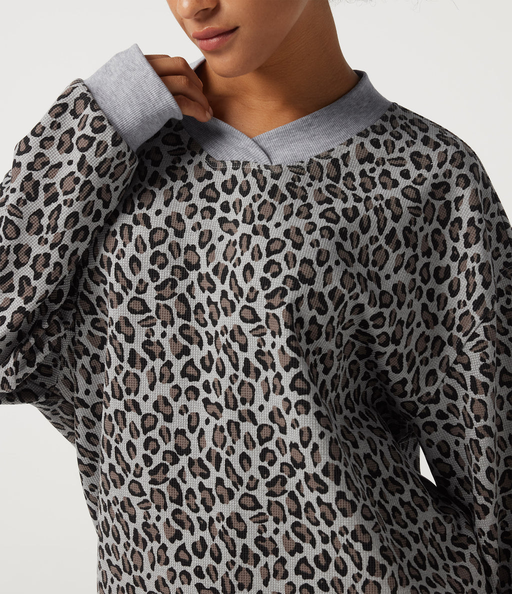 V Neck Long Sleeve Leopard Print Waffle Casual Top — Cocoa Drift Leopard — view 5