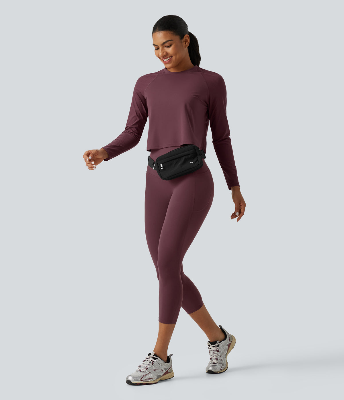 Round Neck Raglan Long Sleeve Quick Dry InstantCool Running Sports Top — Red Mahogany — view 7